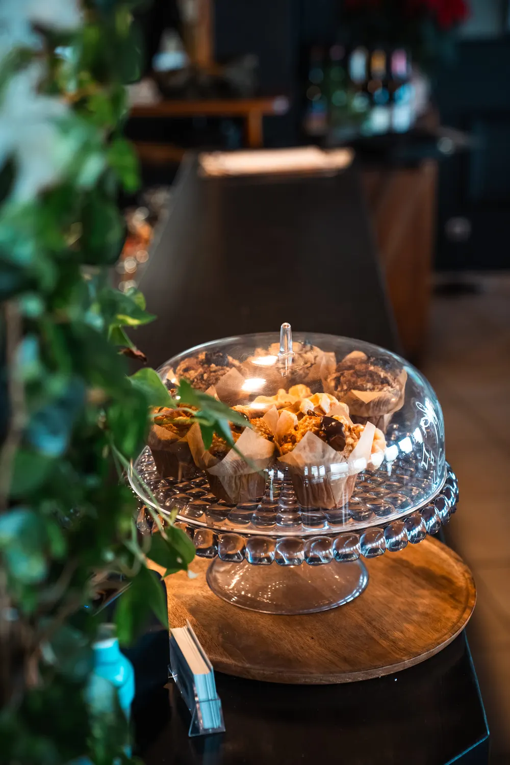 Cloche à pâtisseries garnie, posée sur le comptoir